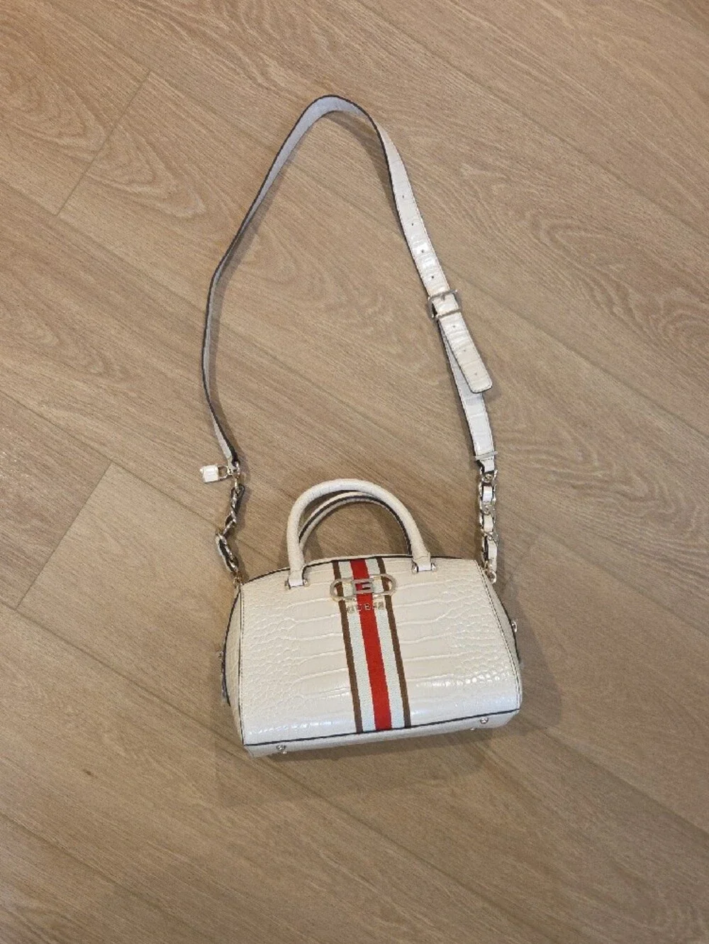 GUESS Cream Croc-Embossed Satchel with Red & Brown Center Stripe
